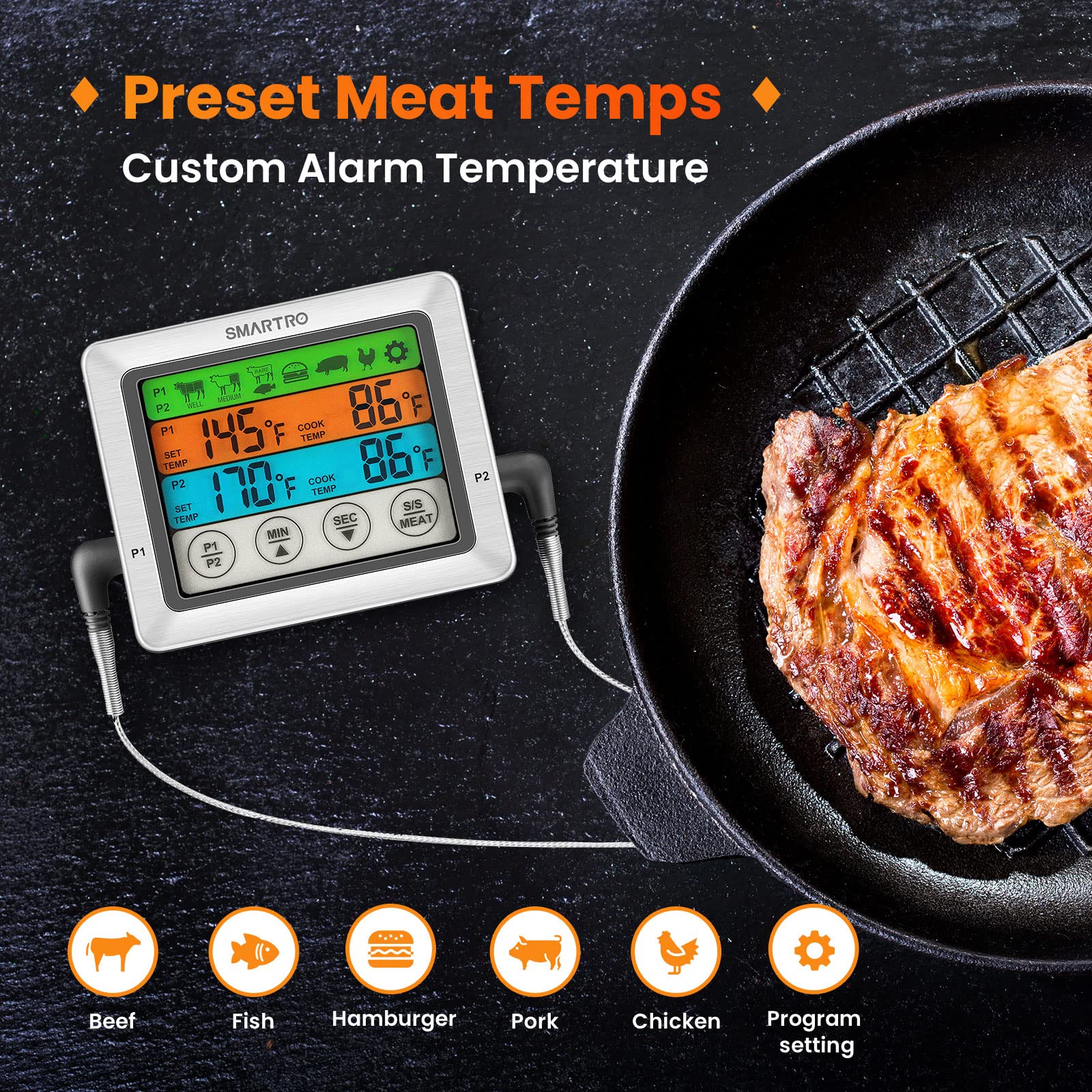 Smartro St54 Dual Probe Digital Meat Thermometer For Cooking Food Kitchen Oven Bbq Grill With Timer Mode And Commercial-Grade Pr